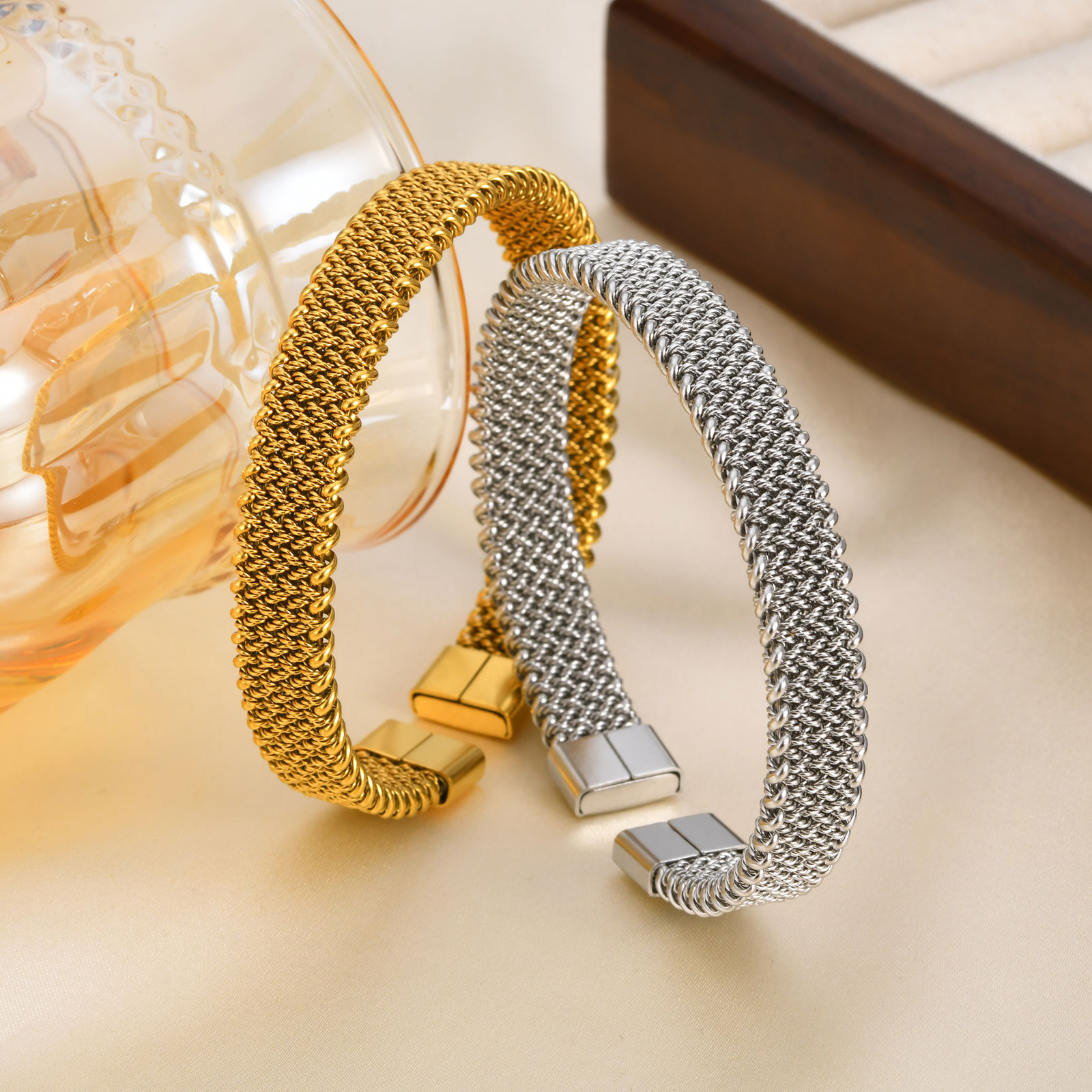 Mesh Strap Metal - Gelang terbuka tali regang kepang 10mm,