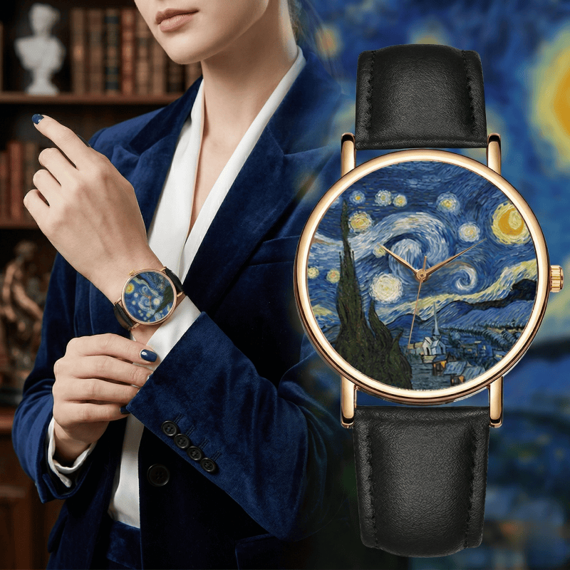 Leather Watch Band Men - Jam Tangan Dial Lukisan Van Gogh